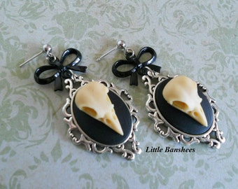 Raven bird skull crow cameo earrings with black bows gothic lolita