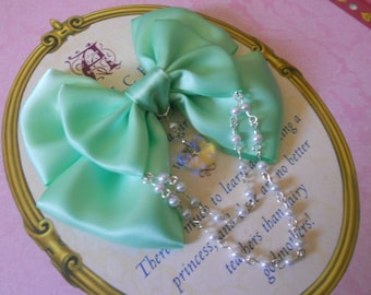 Sweet Lolita Hair clip or Brooch mint bow with glass heart and white pearl beads pearls