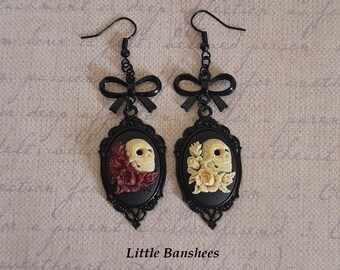 sugar skull cameo earrings flowers gothic lolita day of the dead