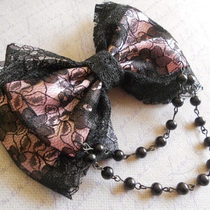 Hair bow black lace and pink bow with black beads gothic lolita pastel goth