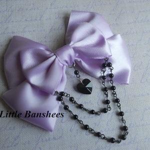 Pastel Goth Hair clip or Brooch Lavender bow with black glass heart and black beads