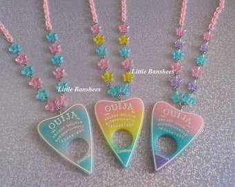 ouija planchette necklace with star beads pink yellow purple blue pastel goth