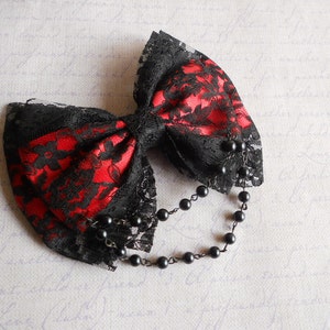 Hair bow black lace and red bow with black beads gothic lolita