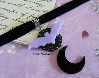purple bat and black moon choker necklace pastel goth velvet ribbon lavender