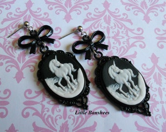 Black unicorn cameo earrings with black bows gothic lolita pastel goth