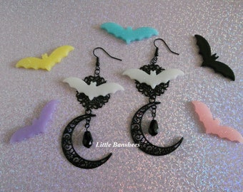 pastel goth bat earrings with black moons and tear drop pastel goth punk lolita pink yellow white blue purple