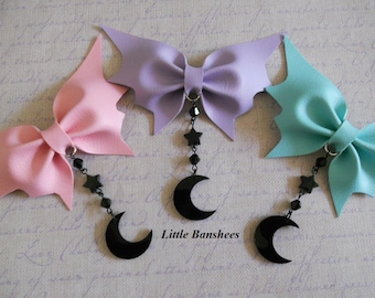 bat wings hair bow with black moon pastel goth lolita star beads clip brooch pink purple aqua lavender