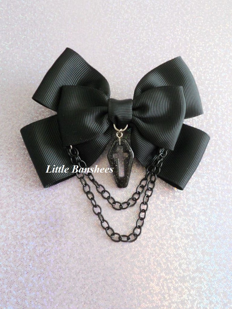 hair bow with coffin cross and plastic chain black clip brooch pastel goth lolita image 1