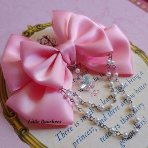 Sweet Lolita Hair clip or Brooch pink bow with glass heart and white pearl beads pearls
