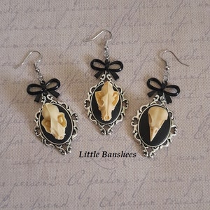 Bat Wolf Raven bird skull cameo earrings with black bows gothic lolita egl