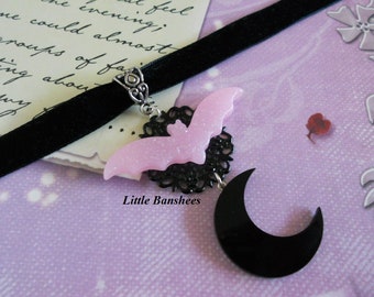 pink bat and black moon choker necklace pastel goth velvet ribbon