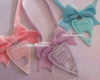 ouija planchette choker necklace with bow pastel goth velvet ribbon purple pink blue