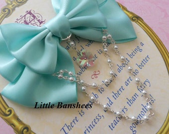 Sweet Lolita Hair clip or Brooch Aqua bow with glass heart and white pearl beads pearls