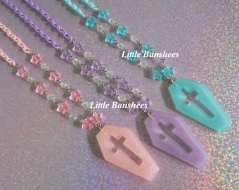 Sarg Kreuz Halskette und Sterne Kette Pastell Goth Punk Lolita rosa blau lila