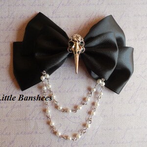 Hair bow or Brooch black bow silver bird skull Gothic lolita egl pearls crow raven image 5