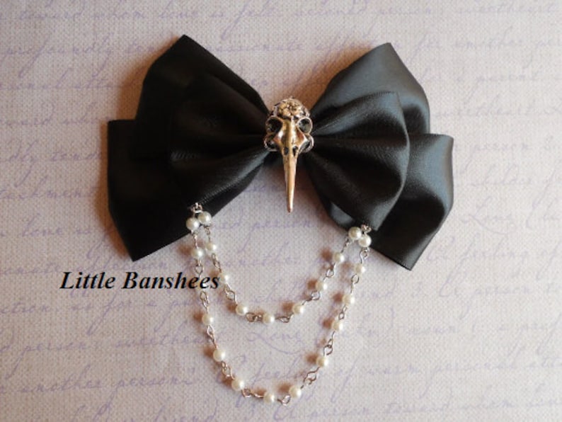 Hair bow or Brooch black bow silver bird skull Gothic lolita egl pearls crow raven image 5