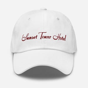 Sunset Tower Hotel Hat – White Dad Cap, Red Embroidery, Bootleg Hollywood Icon, Quiet Luxury Streetwear