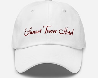Sunset Tower Hotel Dad Hat: Red Embroidery, White Cotton Twill