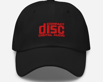 Embroidered CD Logo Dad Hat: Black Cotton Twill, Y2K Nostalgia