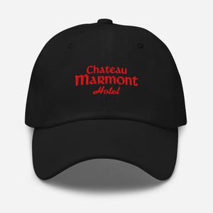 Chateau Marmont Hat – Black Dad Cap, Red Embroidery, Tribute Bootleg Hotel Hat, LA Icon AestheticDad hat