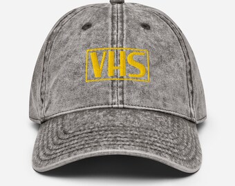 VHS Embroidered Dad Hat: Retro 90s Nostalgia Washed Black Cap