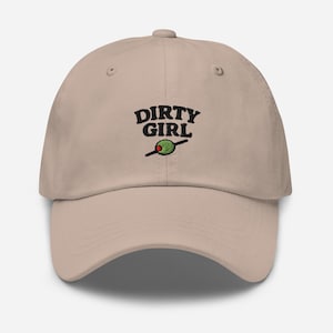 Dirty Girl Embroidered Hat – Martini Lover Cap, Beige Dad Hat with Olive Skewer, Cocktail Core, Ironic Drink Merch, Customisable Gift