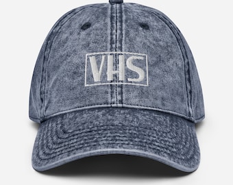 VHS Embroidered Dad Hat: Retro Washed Black Cotton Cap