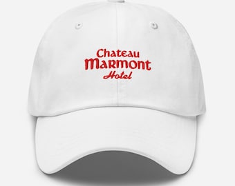 Chateau Marmont Hat: White Dad Cap - Red Embroidery LA Icon