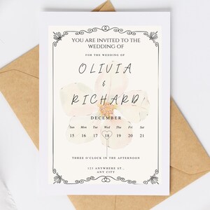Elegante beige bloemen bruiloft uitnodigingssuite – set van 4 afdrukbare kaarten (beantwoorden, menu, save the date, invite)