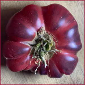 Könnte beinhalten: Nahaufnahme einer reifen Erbstücktomate mit tiefroter Farbe und dunkelvioletten Streifen. Die Tomate hat eine einzigartige, unregelmäßige Form und eine strukturierte Oberfläche. Der Stiel ist sichtbar, mit grünen und braunen Elementen.
