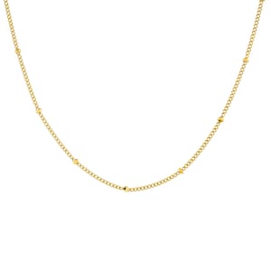 Puede incluir: Un delicado collar dorado con un diseño de cadena de eslabones. El collar presenta pequeñas cuentas doradas espaciadas uniformemente. La cadena es de color dorado brillante y brillante, y el collar se muestra sobre un fondo blanco.
