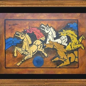 M.F. Hussain Original Seven Horse Painting on Canvas with Certificate
