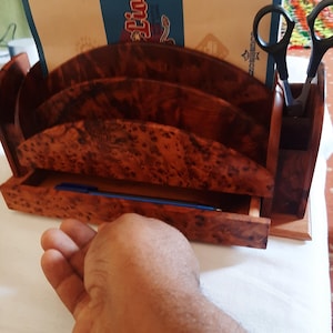 Handmade Thuya Wood Letter Rack with Hidden Pen Storage – Office Decor