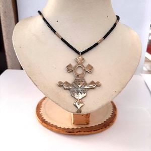 Tuareg Cross Necklace – Berber Ethnic Pendant with Black Beads – Tribal Moroccan Jewelry - Engagement gift