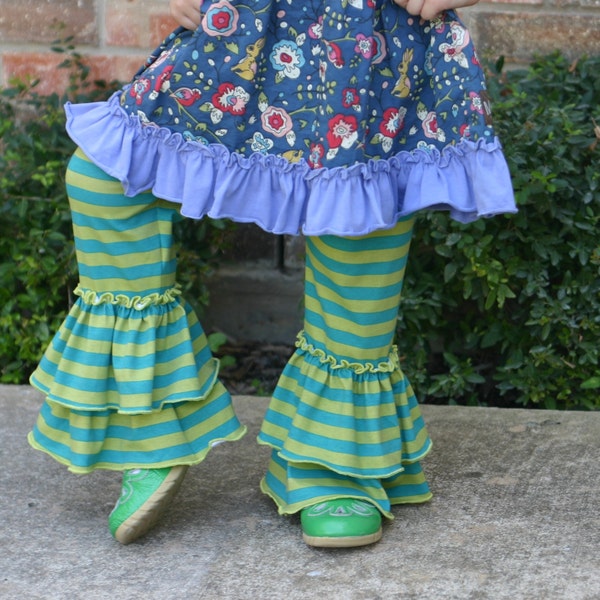 bright turquoise and green stripe knit leggings with double ruffles sizes 12m - 8 girls