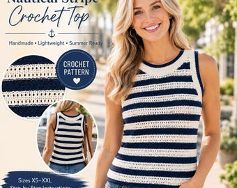 Patrón de top de tirantes de ganchillo con rayas náuticas, sin mangas de verano en PDF, tallas para mujer XS-2XL