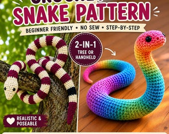 Paquete de patrones de serpientes de ganchillo, PDF de amigurumi articulado, juguete de peluche a rayas (descarga digital)