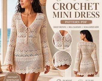 Patrón PDF de minivestido de ganchillo Boho Daisy, mangas acampanadas, bajo festoneado.