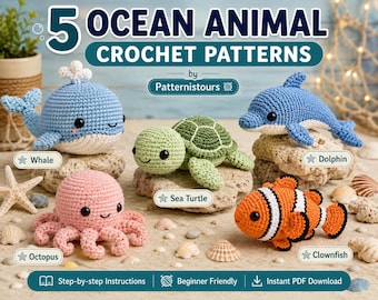 Paquete de 5 patrones de ganchillo de animales marinos (ballena, delfín, tortuga, pulpo, pez payaso) (descarga en PDF)