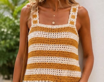 Patrón de top de crochet a rayas Golden Hour, top bohemio de verano, tirantes cuadrados estilo abuela (PDF)