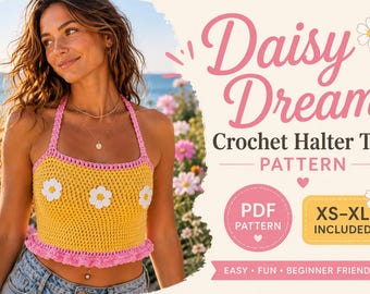 Patrón de top halter de ganchillo con margaritas, top corto de verano ideal para principiantes (PDF)