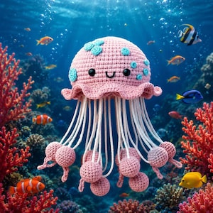 May include: A crocheted jellyfish toy with a light pink rounded head, small turquoise circular accents, and a smiling face with black eyes. The jellyfish features long white dangling tentacles ending in small, round, light pink crocheted spheres.