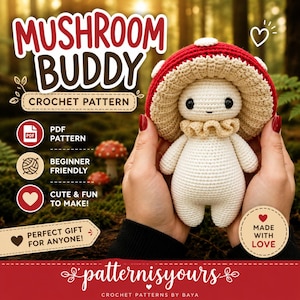 Puede incluir: Una muñeca de ganchillo con forma de hongo con gorro rojo y beige, volantes beige y cuerpo blanco. La imagen incluye el texto "Mushroom Buddy Crochet Pattern" y "Cute & Fun to Make!"