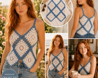 Patrón de crochet para top sin mangas estilo abuela, top corto floral bohemio de verano en PDF