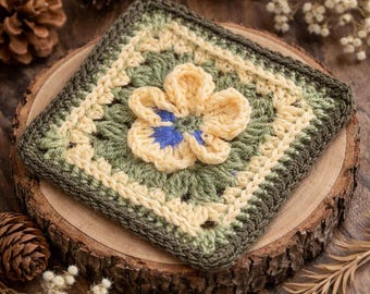 Patrón de cuadrado de ganchillo con diseño de pensamiento de la abuela, tutorial paso a paso para crear un motivo floral (patrón en PDF).
