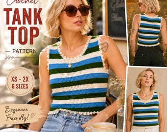 Patrón de top de tirantes de ganchillo a rayas, camisa bohemia de verano sin mangas (descarga en PDF)