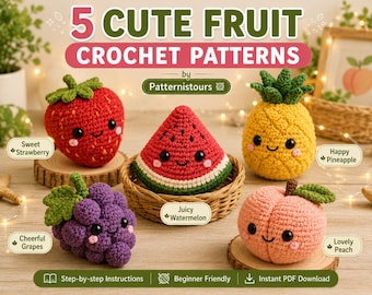 Paquete de patrones de amigurumi de frutas a crochet: fresa, sandía y piña (descarga en PDF).
