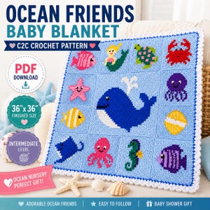 May include: A light blue crochet baby blanket featuring a grid of ocean-themed squares including a whale, mermaid, crab, turtle, octopus, seahorse, and various fish. The blanket has a white scalloped border and measures 36 inches by 36 inches.