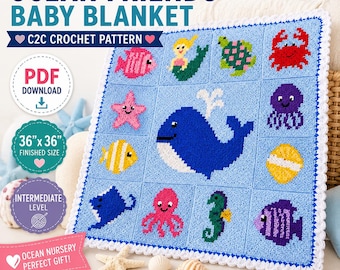 Patrón de manta de bebé a crochet C2C "Amigos del Océano", manta infantil con diseño de ballena (descarga en PDF)