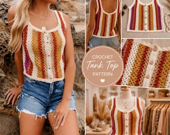 Patrón de camiseta sin mangas de ganchillo a rayas estilo boho, camisola con punto de abuela (descarga en PDF)